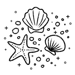 Hand-drawn starfish and seashells with bubbles in playful black and white doodle style