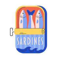 Sardines can. Canned seafood. Sticker of fish products packaging. Mediterranean italian style. Vector illustration in flat style