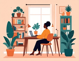 Woman working at a desk in a cozy home office