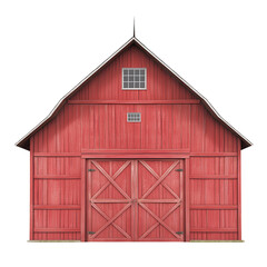 Red Wooden Barn with Windows and Double Doors on a White Background