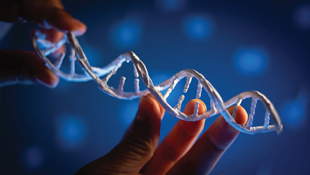 Fingers holding a white D N A double helix model against a blue bokeh background genetic