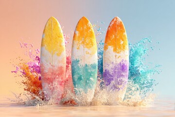 Photo of three surfboards, original trend, modern design of a sea wave and a landscape