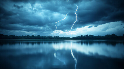 A thunderstorm over a tranquil lake, dramatic lightning strike, reflective water surface.
