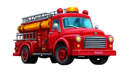 Cartoon fire engine with hoses and ladders isolated on transparent background