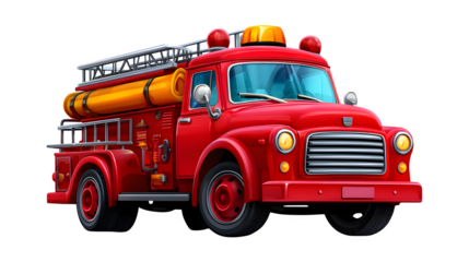 Cartoon fire engine with hoses and ladders isolated on transparent background