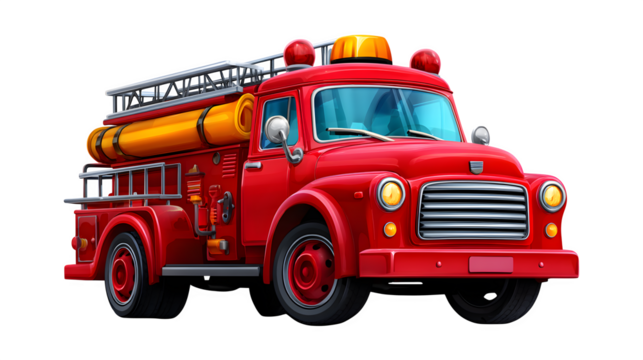 Cartoon fire engine with hoses and ladders isolated on transparent background