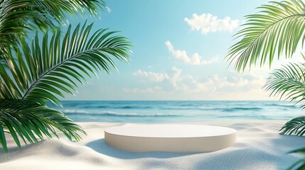 Tropical beach paradise with empty pedestal for product display under palm trees