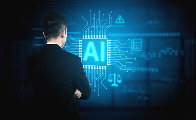 AI circuit microchip with glowing blue lines, surrounded by legal scales, warning symbols, data sheets, and binary codes, representing ethical AI, AI governance, and data integrity Vouch