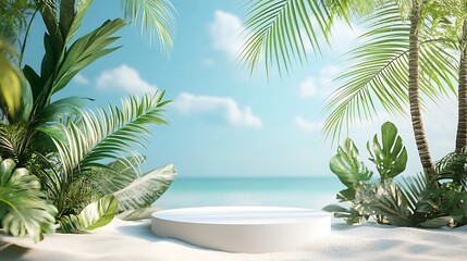 Obraz premium Tropical beach paradise with a white podium surrounded by lush green palm trees and vibrant foliage