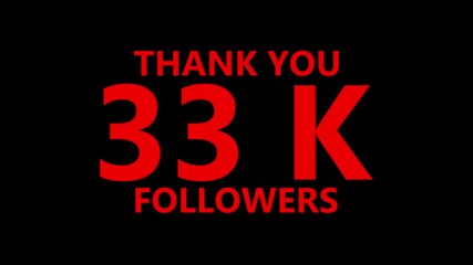Thank you 33 K followers. 33,000 followers realistic sign on the brick wall animation. confetti party effects, social media milestone motion graphics animation
