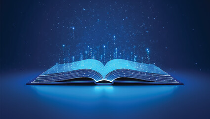 Open book with glowing blue digital lines and particles technology