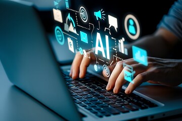 Hands typing on laptop with ai graphic overlaying