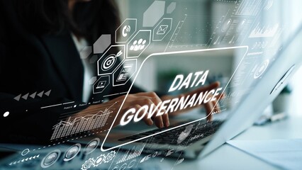 Professional Person Engaging with Laptop on Data Governance Concepts and Digital Analytics in Modern Office Environment. Asymptotic smart data analytic.