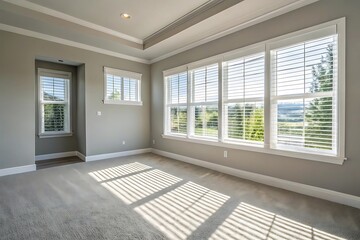 Obraz premium Sunlit empty interior room with soft carpet and large windows high resolution photo