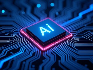 Futuristic AI chip glowing on a digital circuit board, creative neon style, dark tech background. Concept of artificial intelligence and computing.


