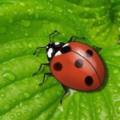 Digital collage featuring  realistic red ladybugs with black spots on a vibrant green leaf covered in water droplets. Nature-themed artwork combining illustration and photography for decorative or 