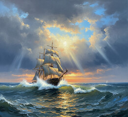 Sailing ship at sea. Oil painting picture	