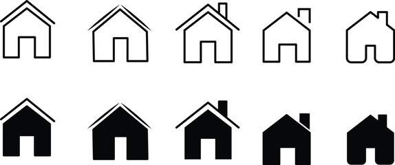 home icon set  black and outline house icons collection, minimal flat vector design for app interface, website button, real estate, UI/UX or infographic use