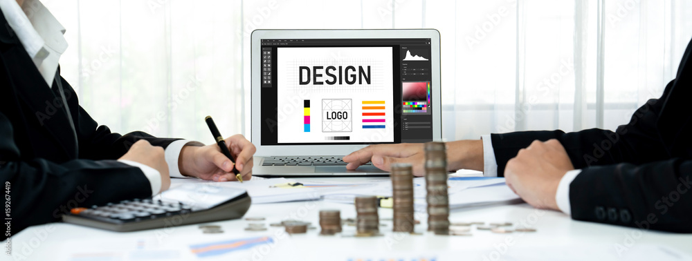 Poster graphic designer software for modern design of web page and commercial brisk ads showing on the comp