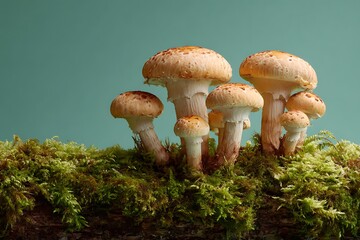 Group of agaricus mushrooms growing on mossy wood against a teal background