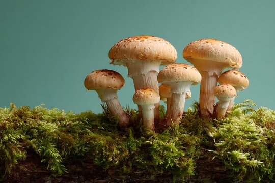 Group of agaricus mushrooms growing on mossy wood against a teal background