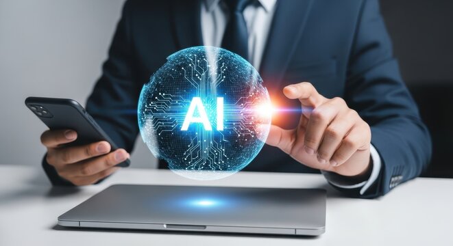 Photo of a person holds a smartphone and touches a glowing digital sphere representing artificial intelligence and global connectivity