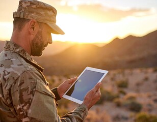 Soldier using tablet at sunset
