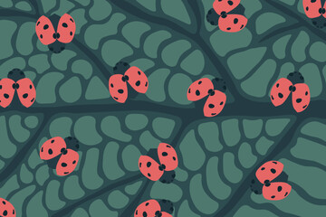 leaf texture vector background with ladybirds