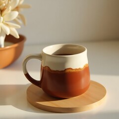 Two-Tone Ceramic Mug on Wooden Coaster – Minimalist Rustic Aesthetic with Warm Earthy Tones
