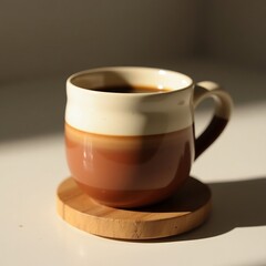 Two-Tone Ceramic Mug on Wooden Coaster – Minimalist Rustic Aesthetic with Warm Earthy Tones