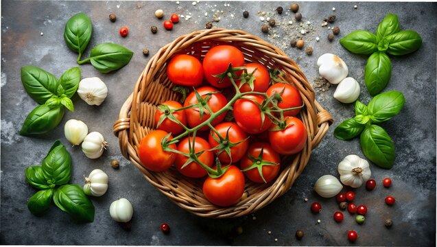 Fresh ripe cherry tomatoes in a woven basket surrounded by basil and garlic - Powered by Adobe