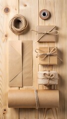 Rustic packaging supplies arranged artfully on a wooden background for crafting and gifting
