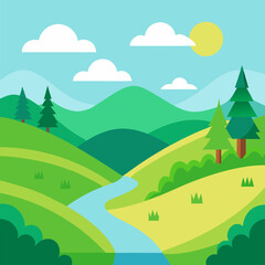 Spring or summer landscape with field, green hills, river and forest vector natural background.