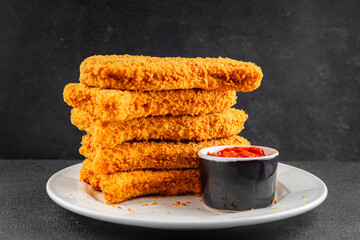Fish sticks fishs shaped breaded fish nuggets fast food fresh delicious gourmet food background on...