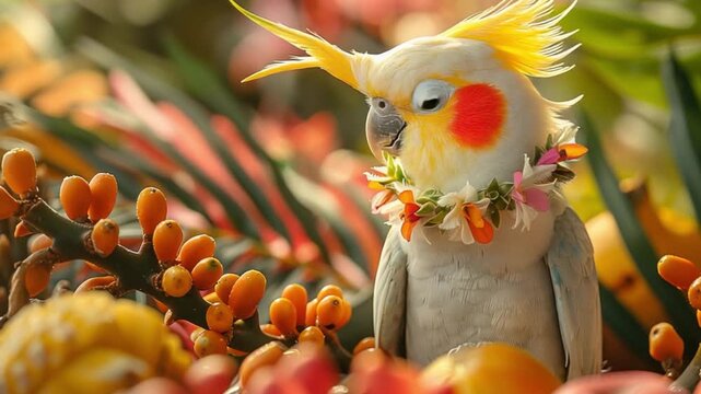 Close-up of a lutino cockatoo enjoying a pleasant tropical setting