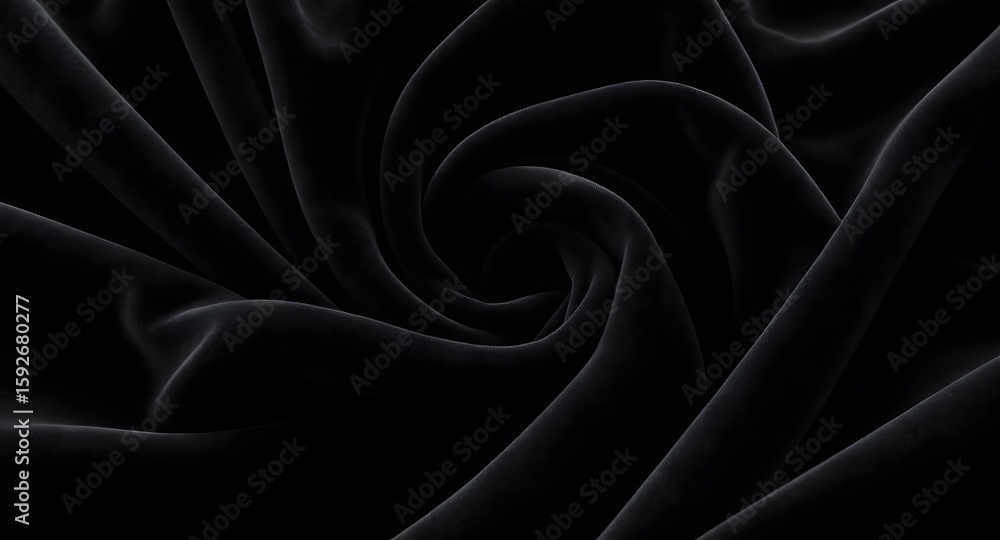 Poster swirling black fabric texture with soft folds and subtle highlights creating a dark abstract backgro