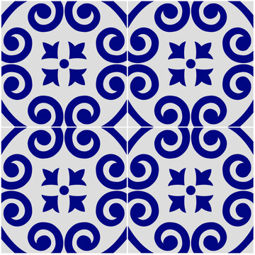 Decorative ceramic tiles. Hydraulic ceramics with Portuguese and Spanish motifs. Digital design. Blue and white floral decorative ornament.