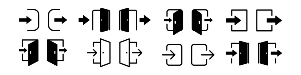 Login and logout icons. Set of sign out, Sign in vector icon. Open and close door symbol. Black exit and enter arrow, vector icon in trendy flat style