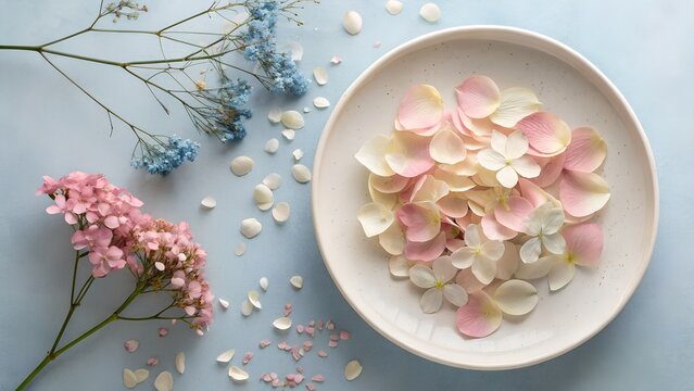 Delicate pastel flower petals floating in a white bowl with softly focused blooms