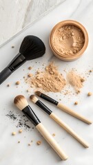 Assortment of makeup brushes and loose powder on a white surface