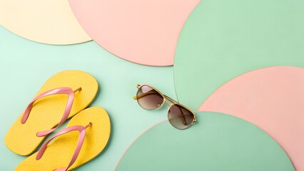 Bright yellow flip flops and sunglasses on a pastel mint and peach background