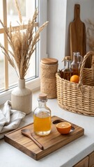 Natural kitchen scene with orange and oil bottle on wooden cutting board