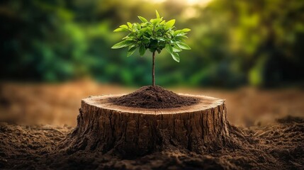 A young tree emerges from an old stump, illustrating resilience and rebirth.