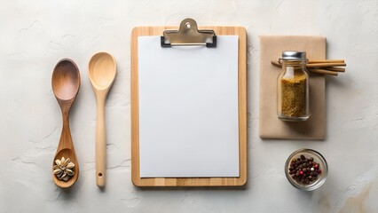 Empty recipe clipboard with wooden spoons and spices for culinary inspiration