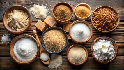 Assortment of baking ingredients in rustic wooden bowls on a textured surface