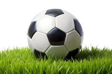 A classic black and white soccer ball resting on a patch of vibrant green grass, ready for a game isolated on transparent background