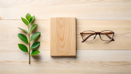 Minimalist flat lay featuring a green leafy branch wooden block and eyeglasses on a light wood surface