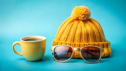 Cozy yellow beanie and coffee cup with sunglasses on a bright blue background