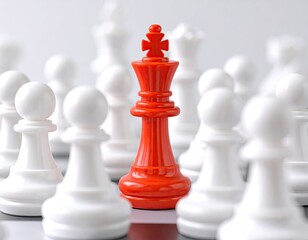 Red chess king surrounded by white pieces