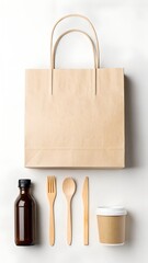 Eco friendly takeout meal kit with reusable bag and biodegradable utensils